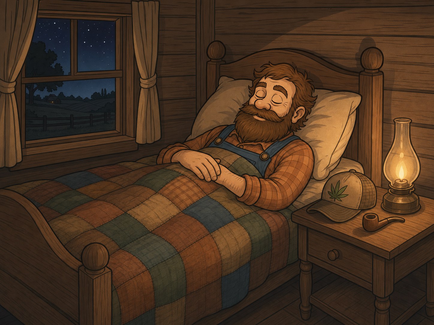 Cuz resting peacefully in bed in his farmhouse at night