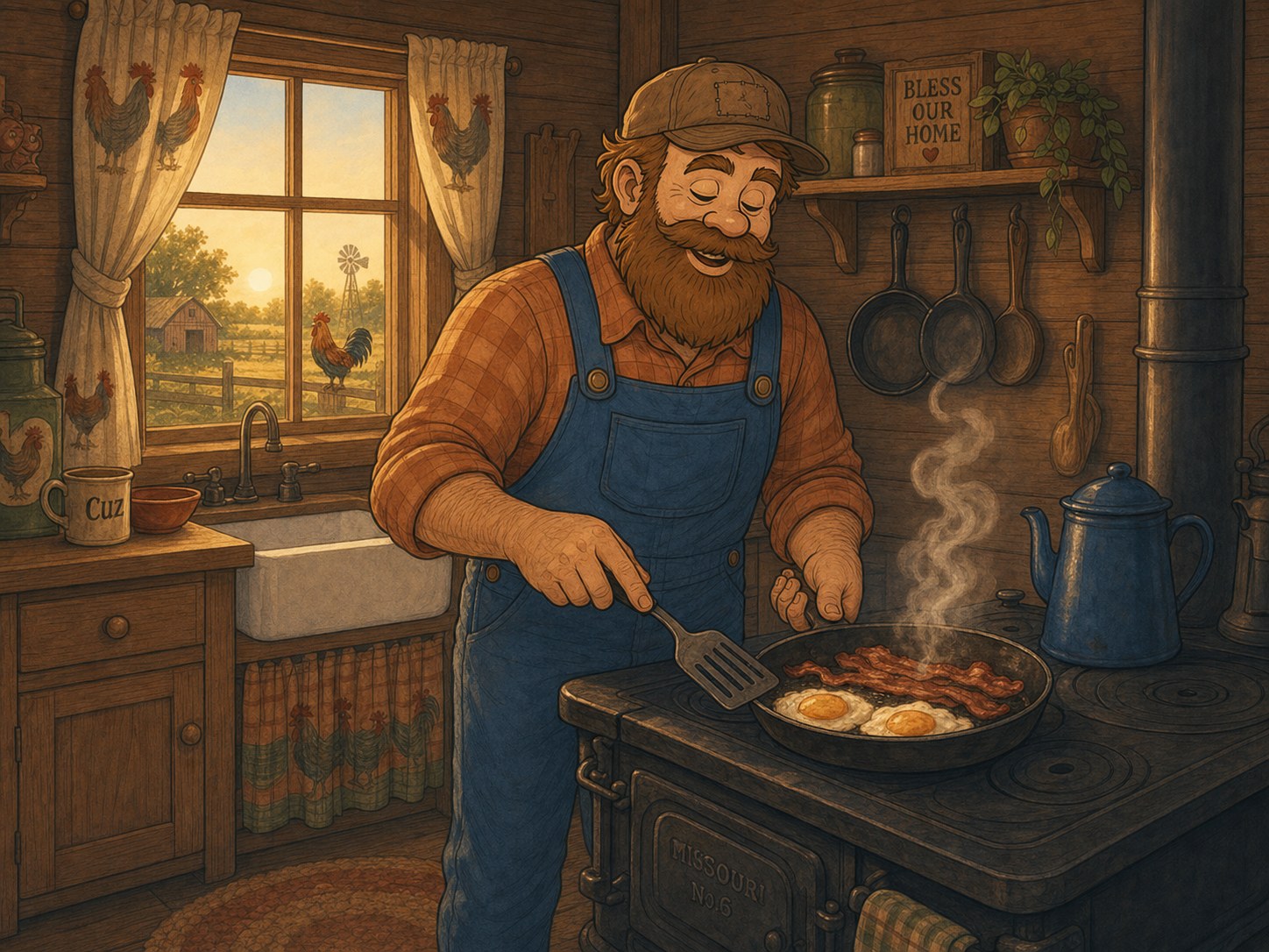 Cuz cooking eggs and bacon on the stove in his farmhouse kitchen