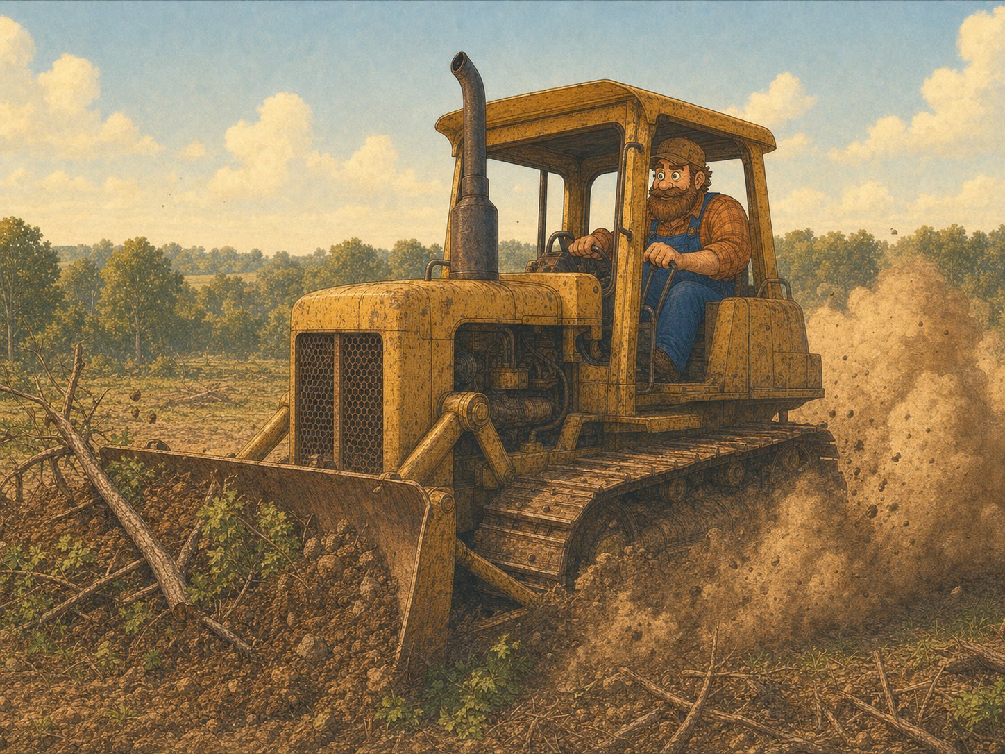 Cuz driving the bulldozer clearing acreage on the farm