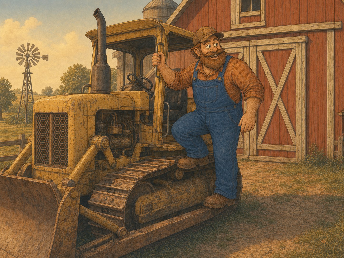 Cuz climbing onto an old bulldozer parked by the barn