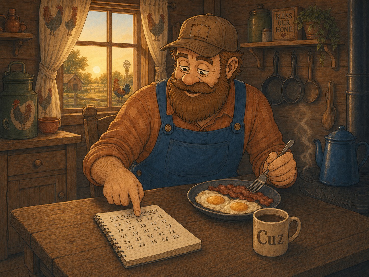Cuz eating breakfast at the kitchen table while checking his lottery numbers on a notepad