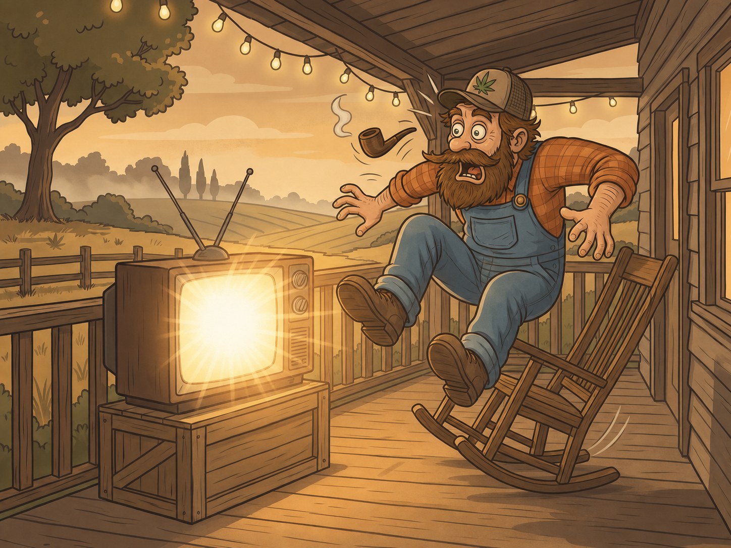 Cuz leaping straight out of his rocking chair, pipe flying, as the TV screen flashes bright white