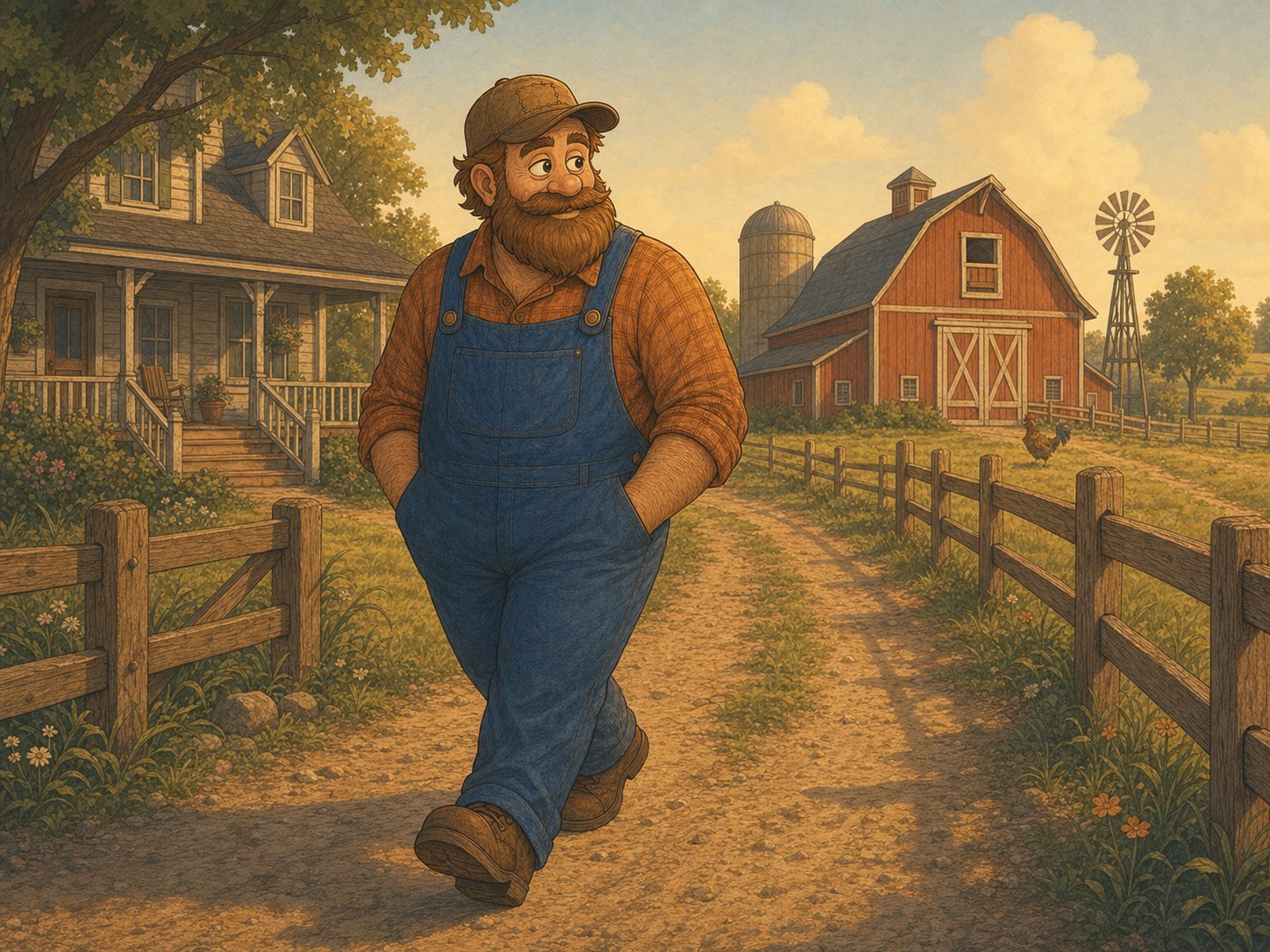 Cuz walking from the farmhouse toward the barn across the farmyard